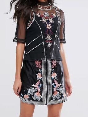 Black Embroidered Mock-Neck Blouse